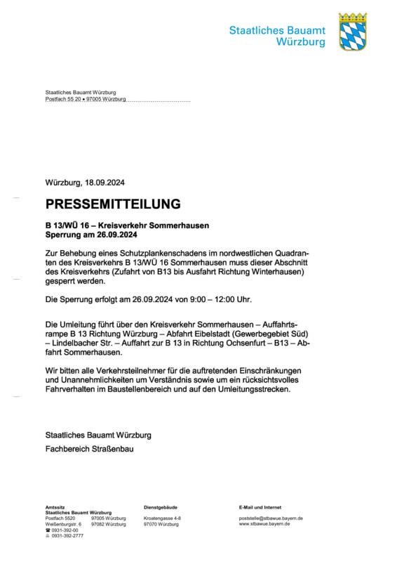 Pressemitteilung Sperrung Kreisverkehr am 260924
